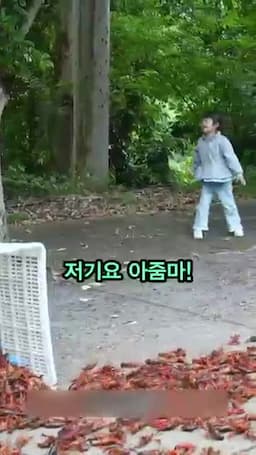 떨어진 새우를 발견한 아이들